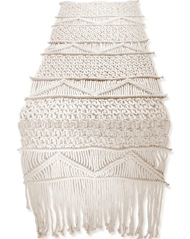 SnugLife Macrame Table Runner (86" X 13") Long | Boho Table Runner | Wedding Table Decor | Vintage Farmhouse and Bohemian Dining Room Style | Off-White - Image 1